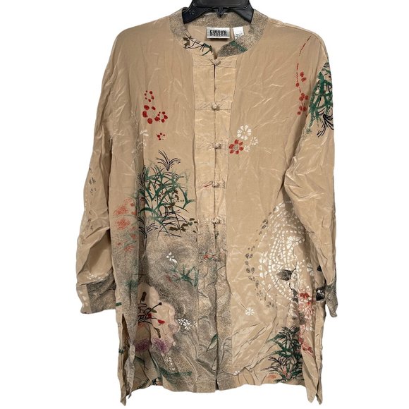 Chico's Tops - Chico's Design Silk Tunic Blouse Top Size 3 US XL Beige Floral Oriental Button